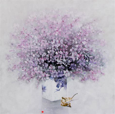 Crystal is the perfect way to add intrigue without taking away from the table, hence the crystal bell jar candle holder, orb, and faceted cones. Le Tuong | Modern Asian Art | Vase of Purple Flowers