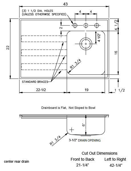 A classically styled 40 wall mounted or self rimming bathroom sink with a single faucet hole and included overflow. ADA compliant sinks with drainboards, stainless steel
