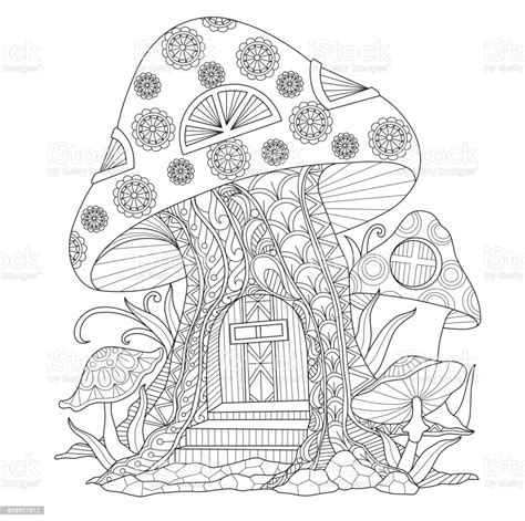 Trippy mushroom coloring pages are a fun way for kids of all ages to develop creativity, focus, motor skills and color recognition. Hand Drawn Mushroom House For Adult Coloring Page Stock ...