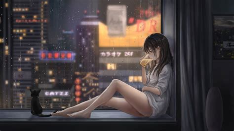 2048x1152 Anime Girl Cat Raining 4k 2048x1152 Resolution Hd 4k