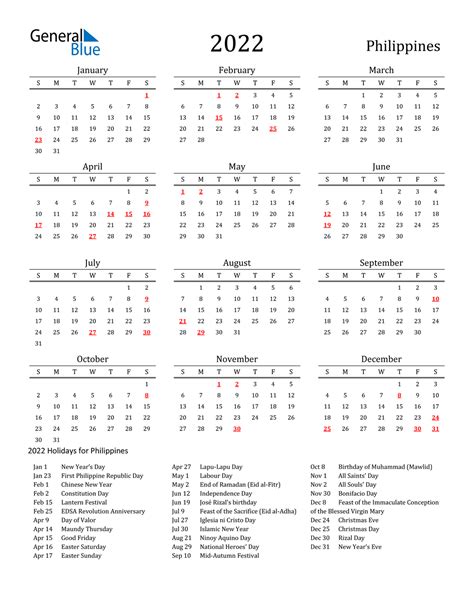 2022 Printable Calendar One Page With Holidays Philippines Printable