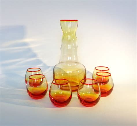 Amber Hand Blown Glass Decanter Set Vintage Glass Liqueur Etsy
