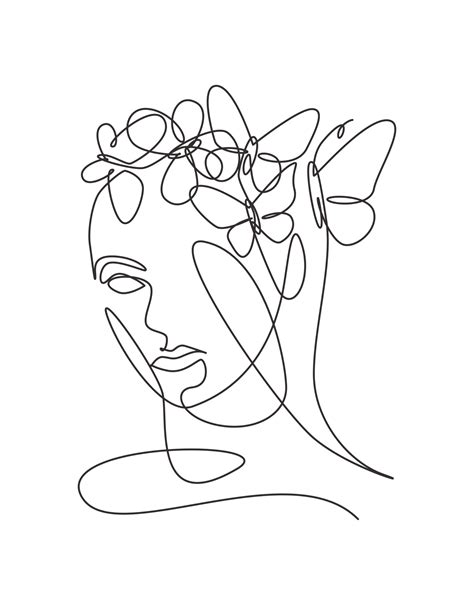 One Single Line Drawing Woman With Butterfly Line Art Vector Illustration Female Abstract Face