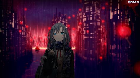 Manga Anime Smutna Dziewczyna Deszcz Noc