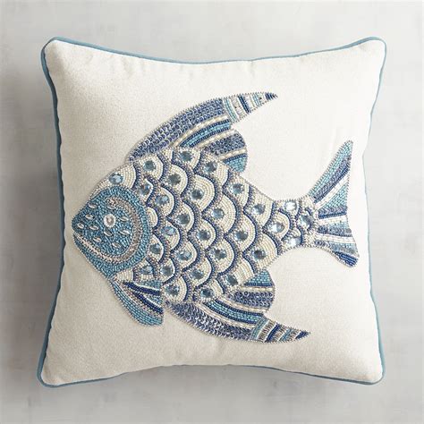 Silver And Blue Beaded Fish Pillow Beach Pillows Fish Pillow Pillows