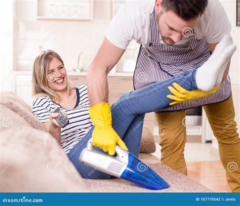 Husband Doing Housework While Wife Resting Stock Photo Image Of