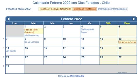 Calendario Febrero 2022 Para Imprimir Chile