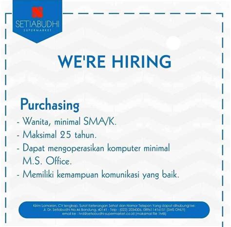 Temukan info lowongan kerja di indonesia terbaru hari ini, yuk temukan pekerjaan impianmu dan apply sekarang, gratis! Lowongan Kerja Setiabudhi Supermarket Bandung Terupdate ...