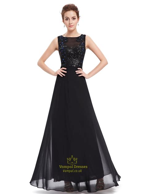 Black Chiffon Open Back Sequin Bodice Prom Dress With Beaded Detail Vampal Dresses