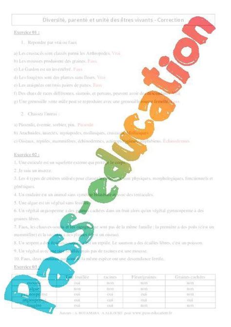 Exercices de remédiation svt 6eme: Diversité, parenté et unité des êtres vivants - 6ème ...