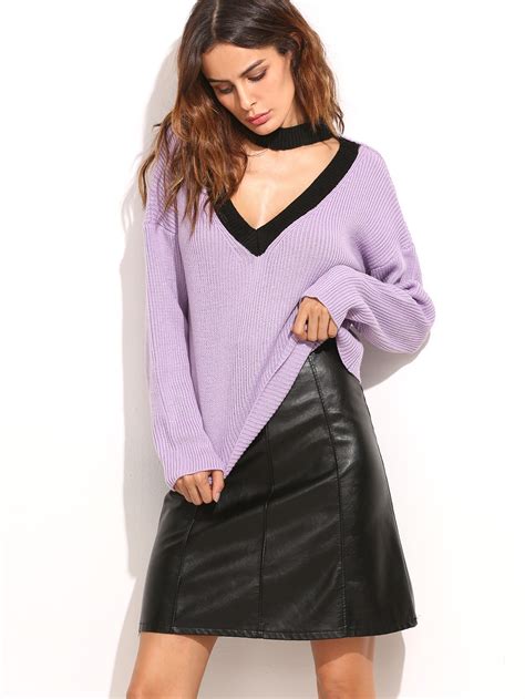 Purple Ribbed Knit Contrast Choker Neck Sweater Sheinsheinside