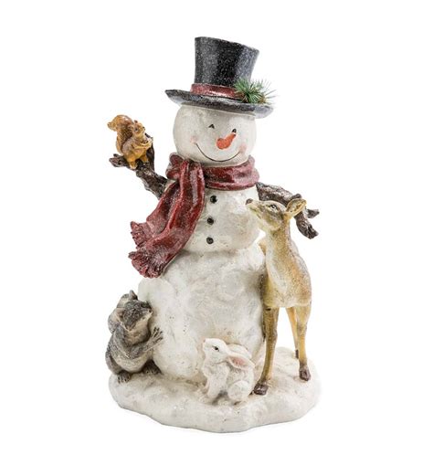 Holiday Woodland Snowman Statue With Animals Plow And Hearth