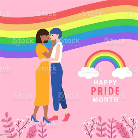 cặp Đôi lesbian Đang yêu nhau vector trên cờ lgbtq và nền màu hồng Ảnh minh họa happy pride