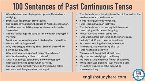 Sentences Of Past Continuous Tense Examples Of Past Progressive Tense English Study Here