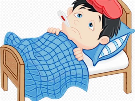 Cartoon Kid Boy In Bed Sick Fever With Teddy Bear Citypng
