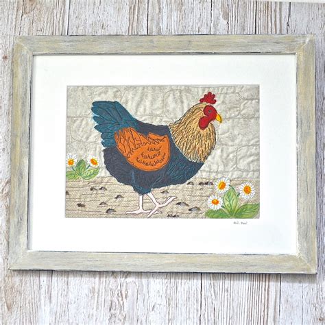 Embroidered Chicken Picture Black Copper Mara Folksy