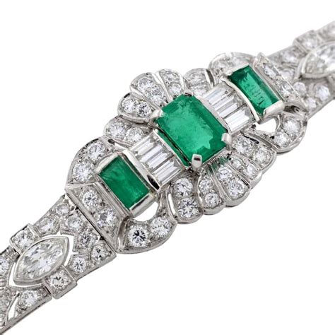 art deco emerald diamond platinum bracelet at 1stdibs