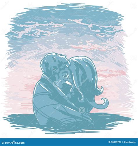 Poster With Kissing Couple Silhouette On Sunrise Or Tender Sunset Background In Sketch Style