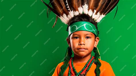 Niño Indígena Con Vestimenta Tradicional Sobre Un Fondo Verde Ia