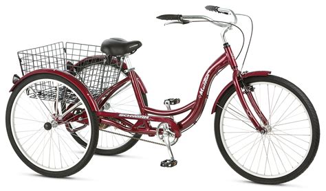 schwinn meridian adult tricycle with low step through aluminum frame front and rear fenders