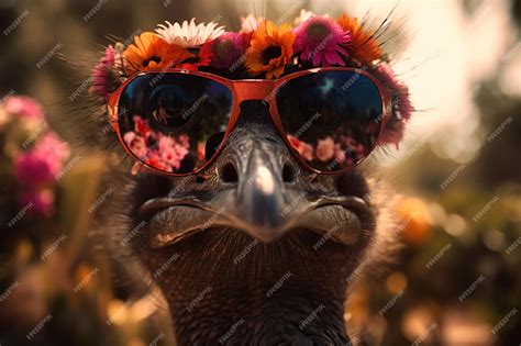 Premium Photo A Goofylooking Ostrich Wearing A Flower Crown And
