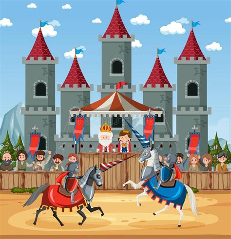 Medieval Knight Jousting Tournament Scene Stock Vector Illustration