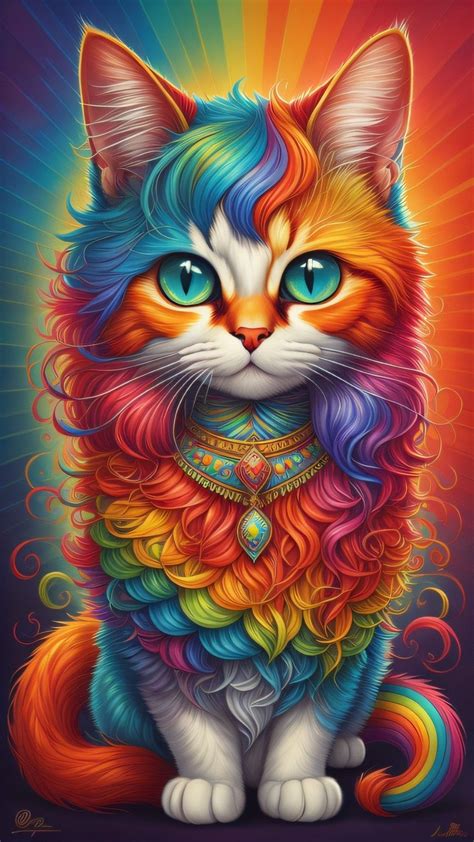 A Colorful Cat With Blue Eyes And Rainbow Hair Sitting In Front Of A