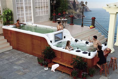 This Ultimate Hot Tub Has Two Tiers With An Attached Endless Swimming Pool Hot Tub Swim Spa