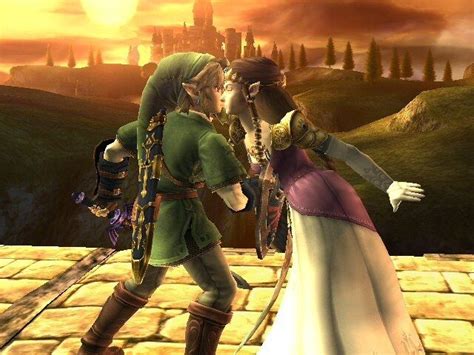 The Legend Of Zelda And Princess Zelda Are Kissing In Front Of A Castle