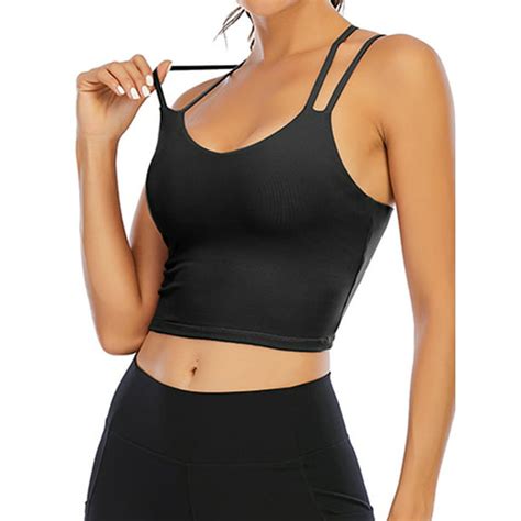 Dodoing Longline Sports Bra Workout Crop Bra Tank Tops For Women Strappy Padded Yoga Camisole
