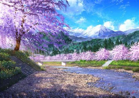 Download 1392x990 Anime Landscape Flowers Scenic Cherry Blossom