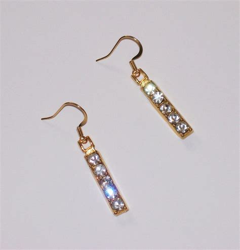 Gold Bar Linear Dangle Earrings With Rhinestones Etsy