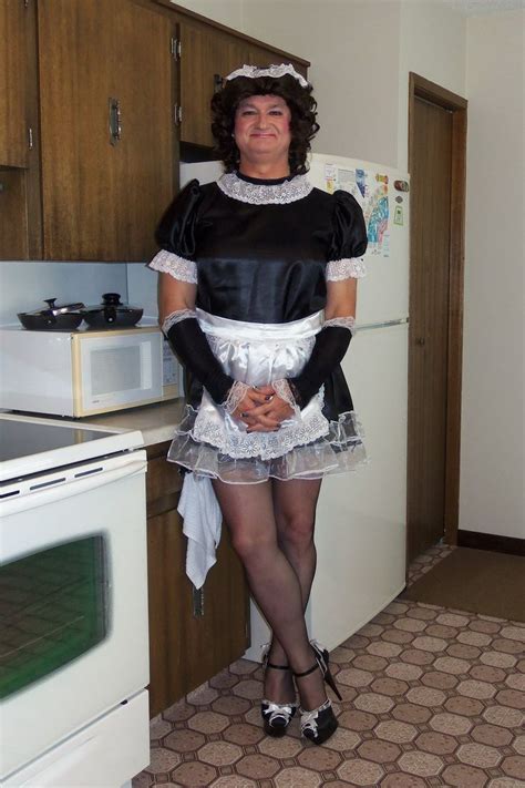 Posing In My Satin French Maids Dress My Dress Is Trimmed With White Organza With A White