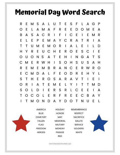 A Memorial Day Word Search Free Printable With 22 Words To
