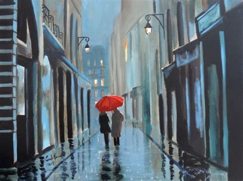 Afternoon Rain Red Umbrella Original Oil Painting On Canvas Gordon