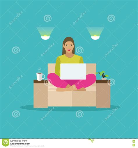 Female Freelancer Working Remotely From Her Room Stock Vector