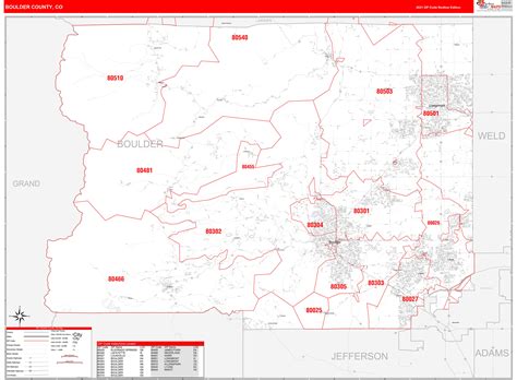 Boulder County Co Zip Code Wall Map Red Line Style By Marketmaps