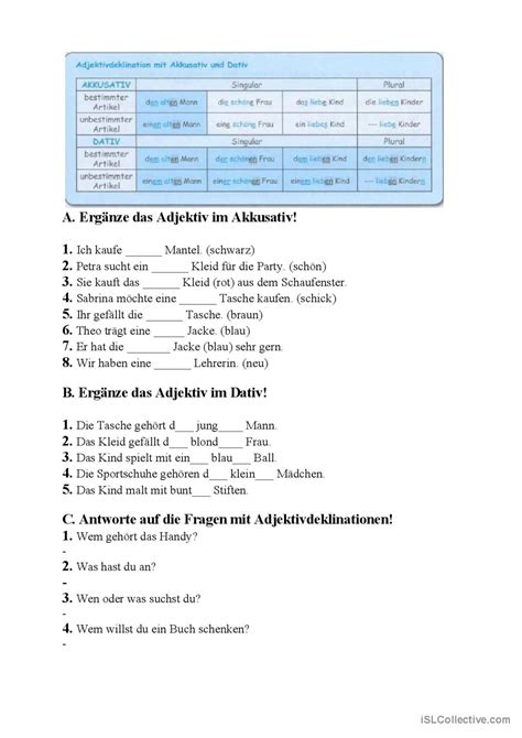 Adjektivdeklination mit Akkusativ un Deutsch DAF Arbeitsblätter pdf doc