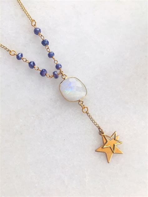 Moonstone Star Charm Lariat Necklace Rosary Chain Rainbow Etsy