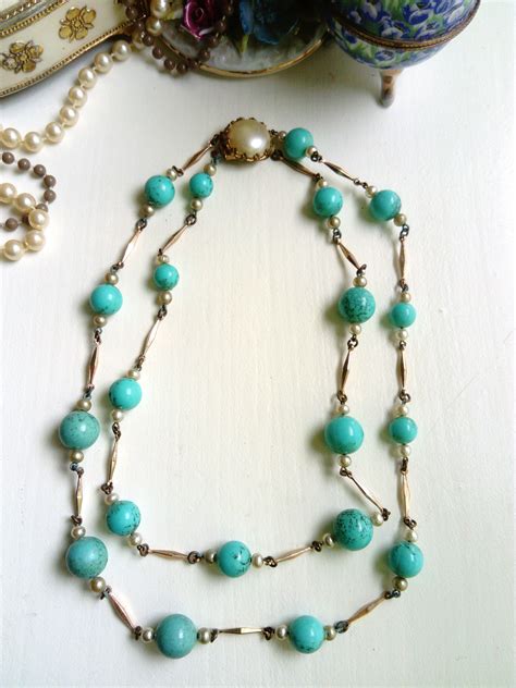 Colliers double perles turquoise années 1950 1950 s double aqua pearls