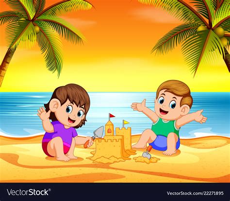 Children Playing In Beach Royalty Free Vector Image