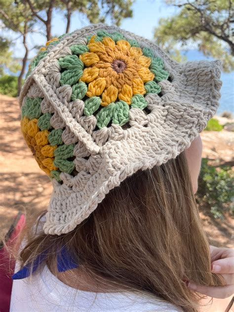 sunflower crochet bucket hat knitted sun hat granny square bucket hat hair accessories
