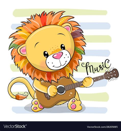 Cute Cartoon Lion Is Playing Guitar On Striped Background Download A