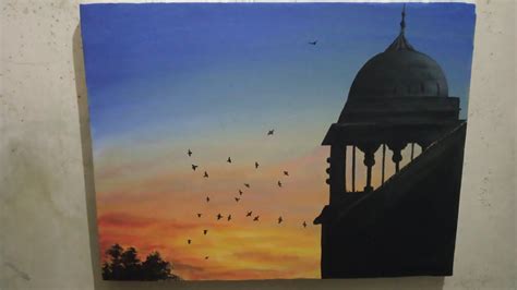 lukisan kanvas simple  pemula sunset mosque youtube