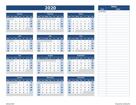 Download 2020 Yearly Calendar Mon Start With Notes Excel Template