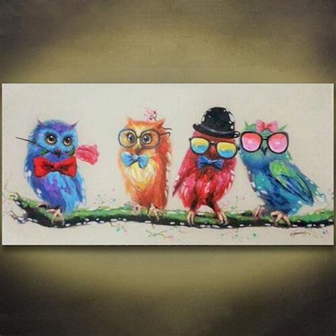 Colorful Owl Art Oil Painting Animal Hand Painted Acrylic Paintings Cartoon Cute Birds Wallpaper