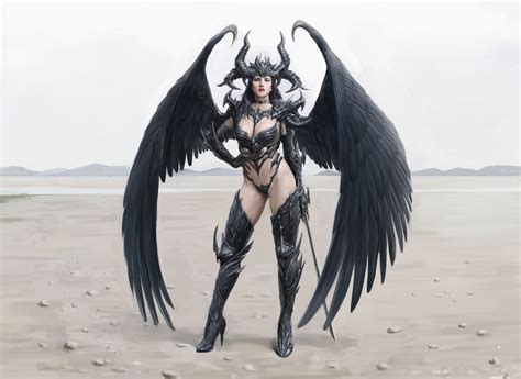 A Woman With Large Black Wings Standing In The Sand
