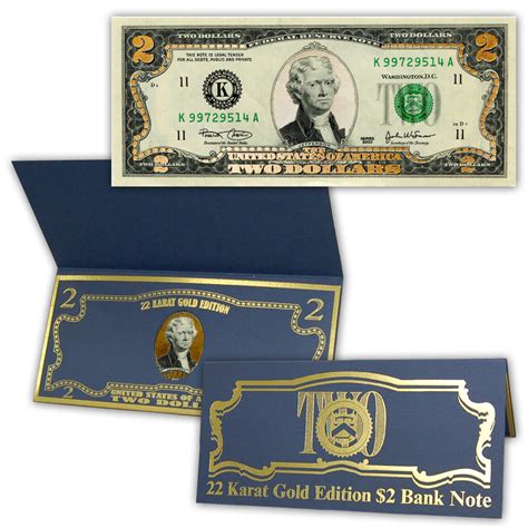 22k Gold Layered Uncirculated Two Dollar Bill Special Edition Collectible Currency American