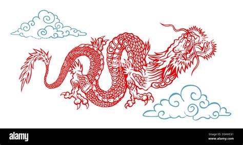 Vector Illustration Of A Chinese Dragon Red Asian Dragon With Clouds