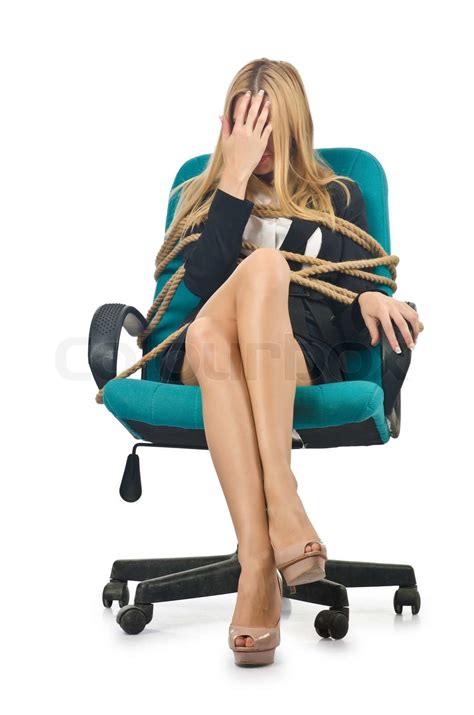 Geschäftsfrau Frau gefesselt mit Seil auf weißem Stock Bild Colourbox